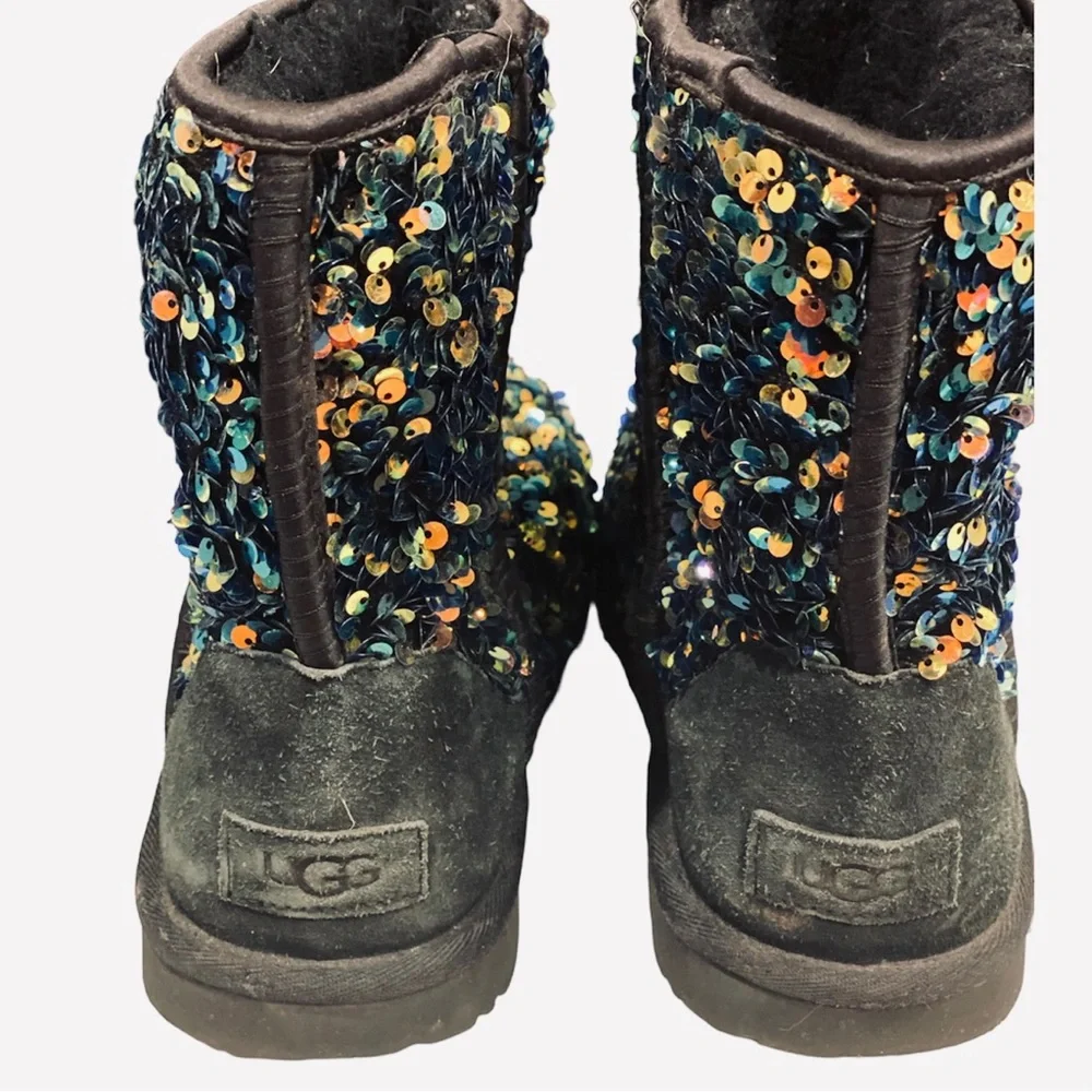 Ugg Sequin Mini Stellar Classic Short Boots Black Sheepskin Cozy 6 Multicolor